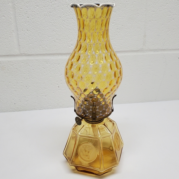 Vtg Fostoria Amber Coin Dot Opalescent Ruffled Oil Lamp Chimney Globe Excellent - Picture 1 of 16